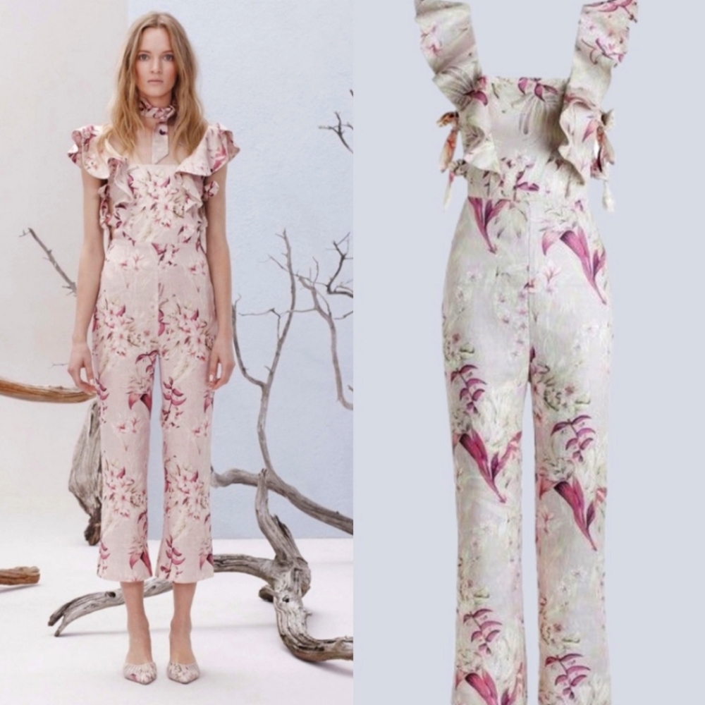 Zimmermann Winsome Apron Jumpsuit Floral Cutout Lilac Linen